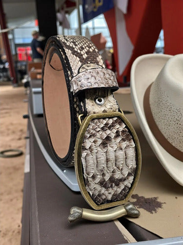 Cinturón Vaquero Hebilla Bronce Piel Víbora Python Genuina