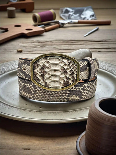 Cinturón Vaquero Hebilla Bronce Piel Víbora Python Genuina