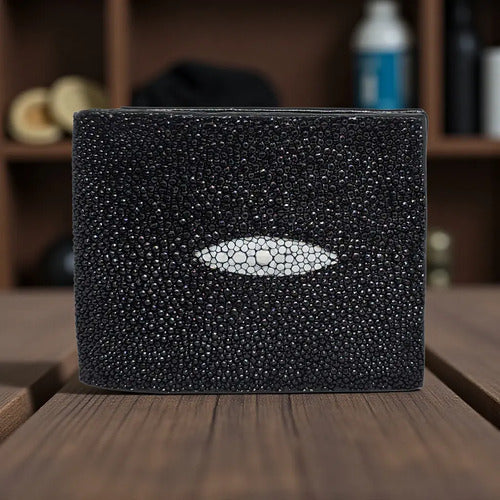 Billetera Piel Exótica Mantarraya Genuina Cartera Hombre Negro
