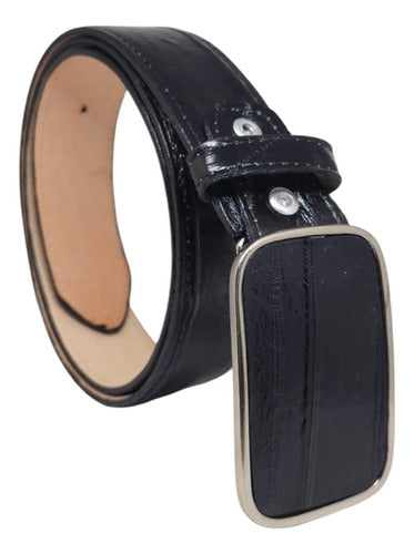 Cinturón Vaquero Casual Piel Exótica Anguila Hebilla Metal